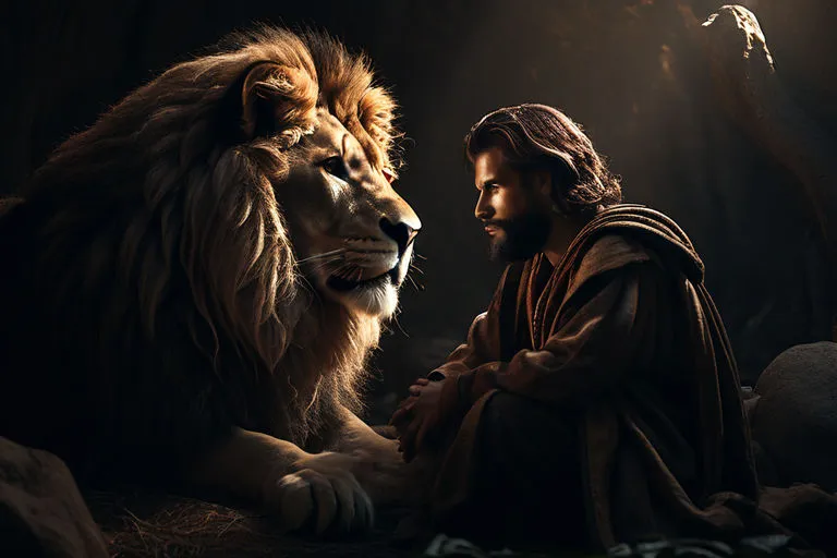 jesus and a lion in a dark cave