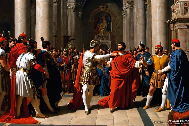 a painting of a group of people dressed in roman clothing