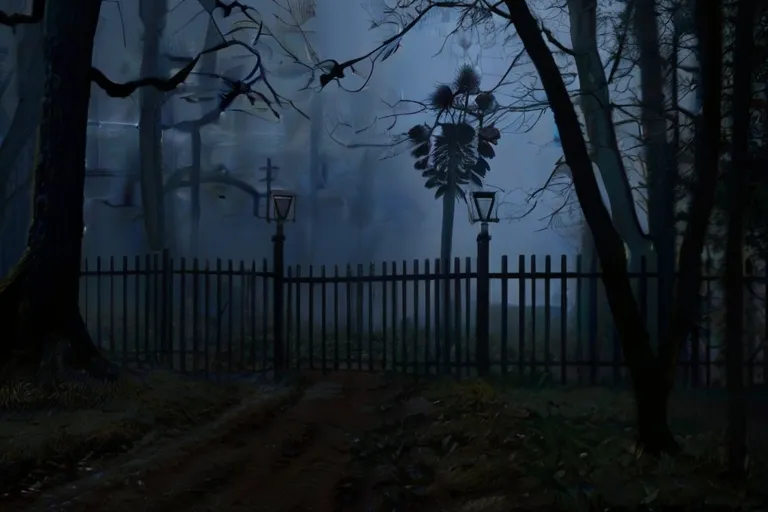 a dark forest with a fence and street lights