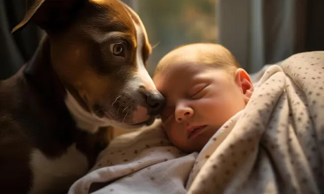 a baby and a dog laying next to each other