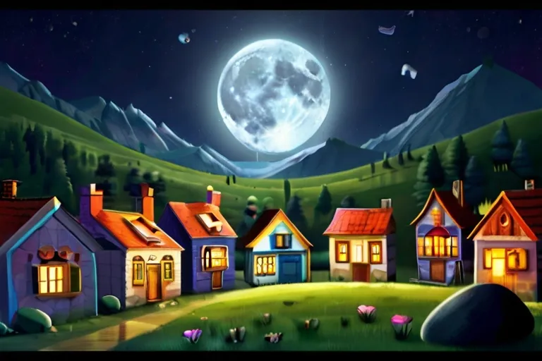 a painting of a village at night with a full moon