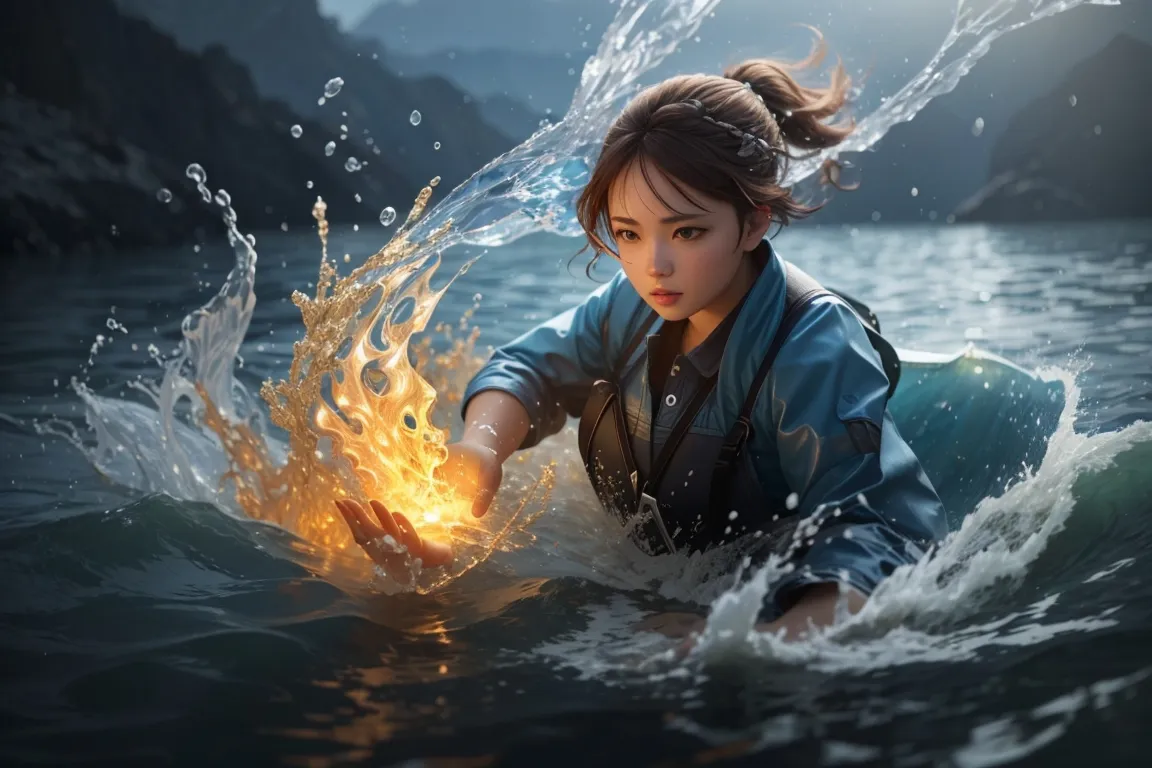 a girl in the water with a fire in her hand