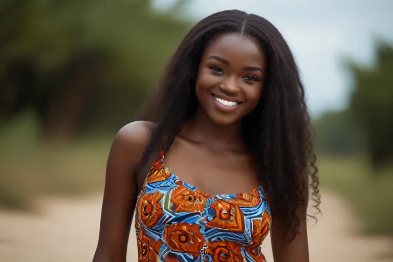 a woman with long hair standing on a dirt road