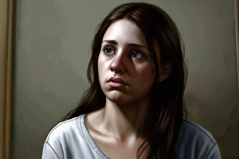 a painting of a woman with a concerned look on her face