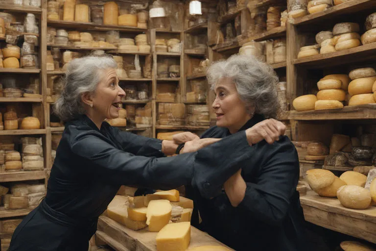 2 Woman fighting inside a vintage small cheese shop , flying cheese, action movie, Spielberg scene, slowmotion fighting scene, intricate and detailed