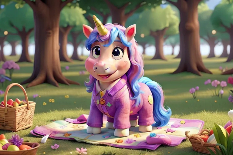 Sparkle the Unicorn spreading out a picnic blanket adorned with flowers in a sunny forest clearing.