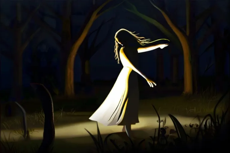 a woman in a white dress walking through a forest at night