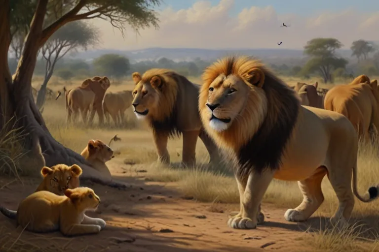 a painting of lions and lions in the wild