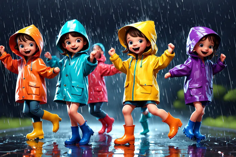 a group of children walking in the rain