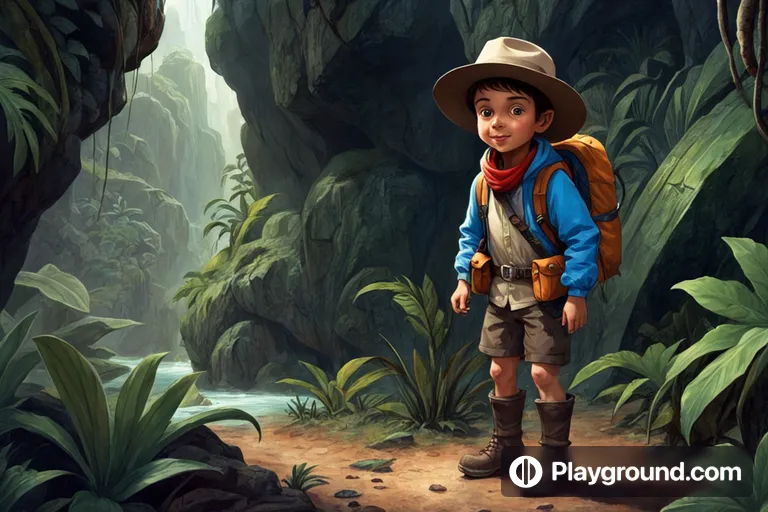 a boy in a hat standing in the middle of a jungle