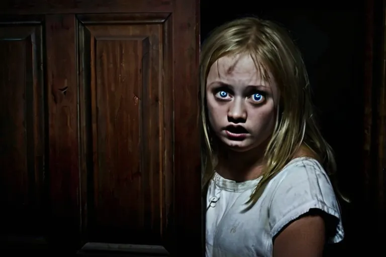 a young girl with blue eyes standing in front of a door