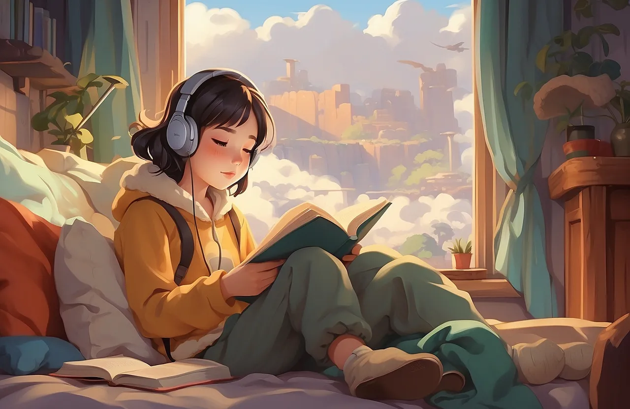 A girl reading on the bed, wearing headphones, looking cozy, in a studio Ghibli-Style