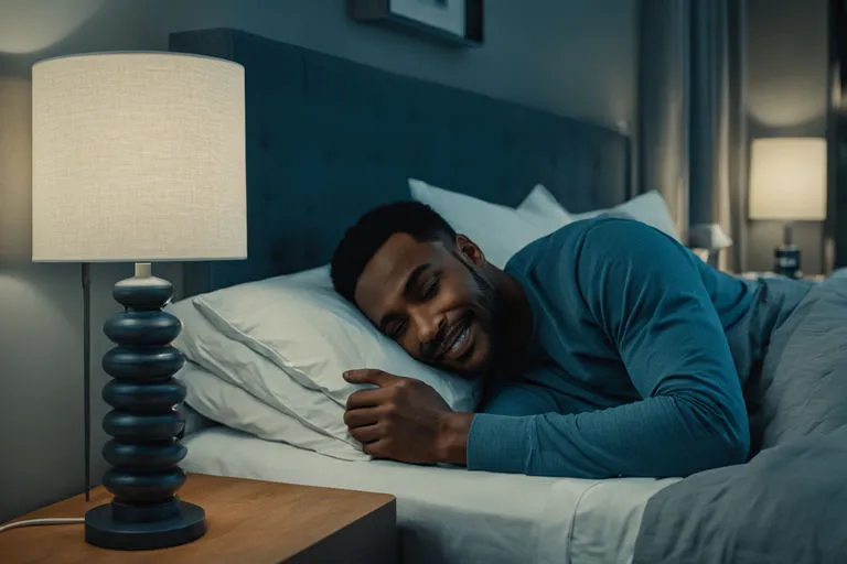 a man smiling laying on top of a bed next to a lamp