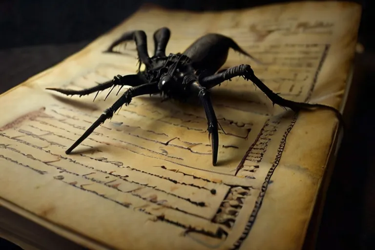 a black spider sitting on top of an old book