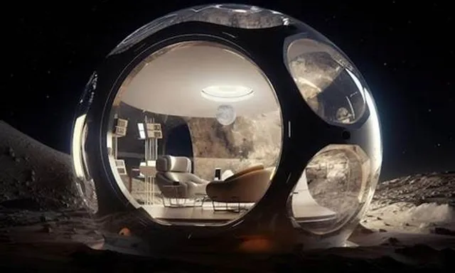 a futuristic living room on the moon