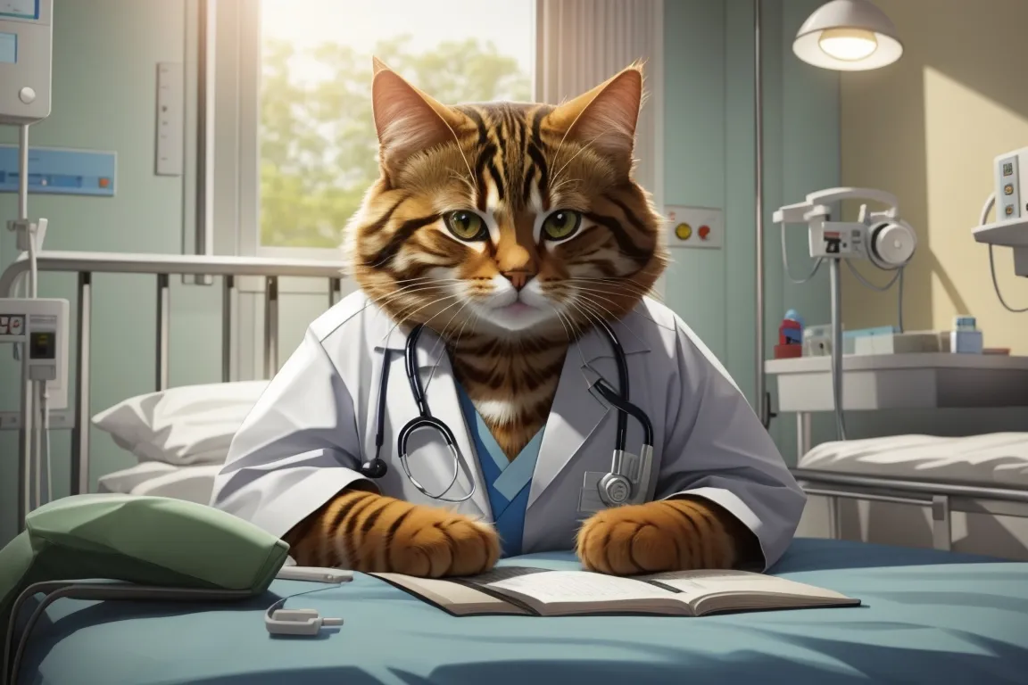 a cat sitting on top of a hospital bed