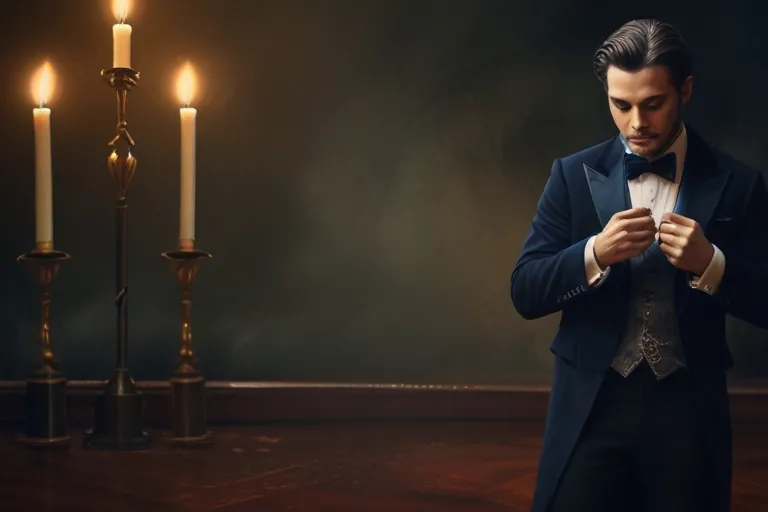 a man in a tuxedo standing in front of candles