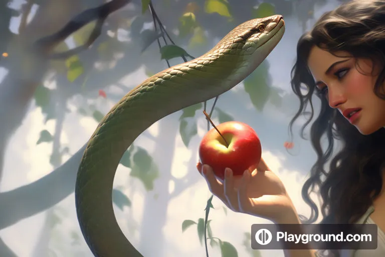 a woman holding an apple next to a snake