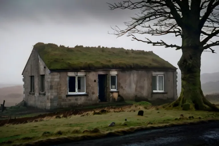 a house with a green roof and a tree