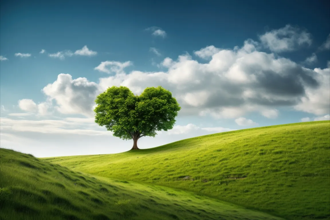 a green field with a tree in the shape of a heart