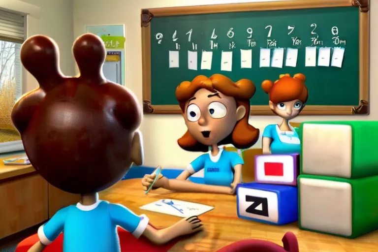 a group of children sitting at a table in front of a blackboard