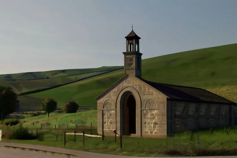 an old church with a steeple in a rural area