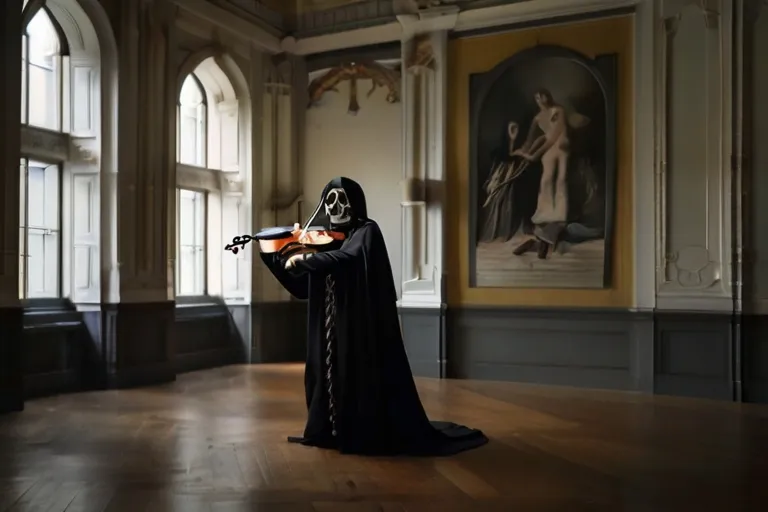 a man dressed in a skeleton costume playing a violin