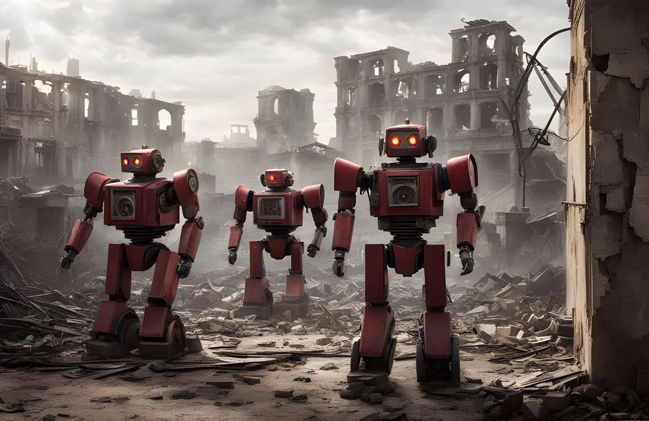 a group of red robots standing in a destroyed building, cinematic, photorealistic, camera is zooming and rotatig around the robots.