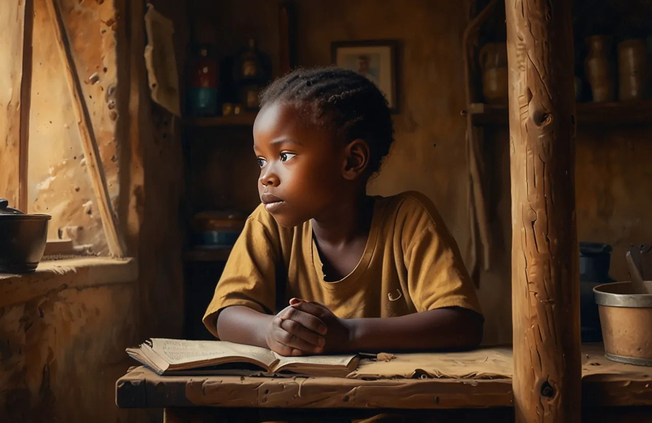 a little girl sitting at a table with a book