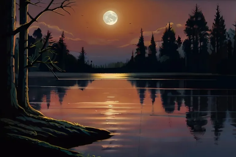 a painting of a full moon over a lake