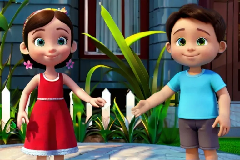 a boy and a girl standing in front of a house