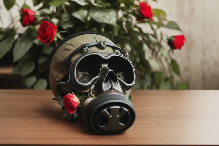 a gas mask sitting on top of a wooden table