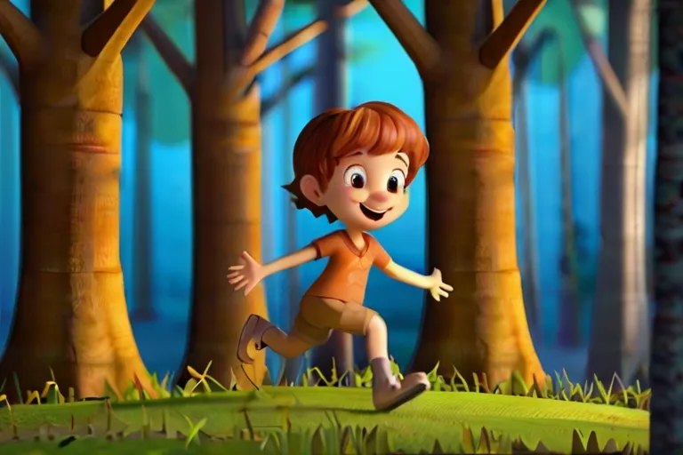 a boy running through a forest with trees