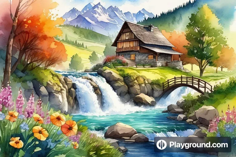 a painting of a house near a waterfall