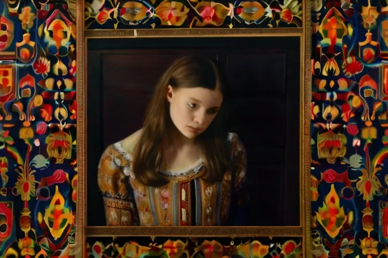 a painting of a girl in a colorful dress