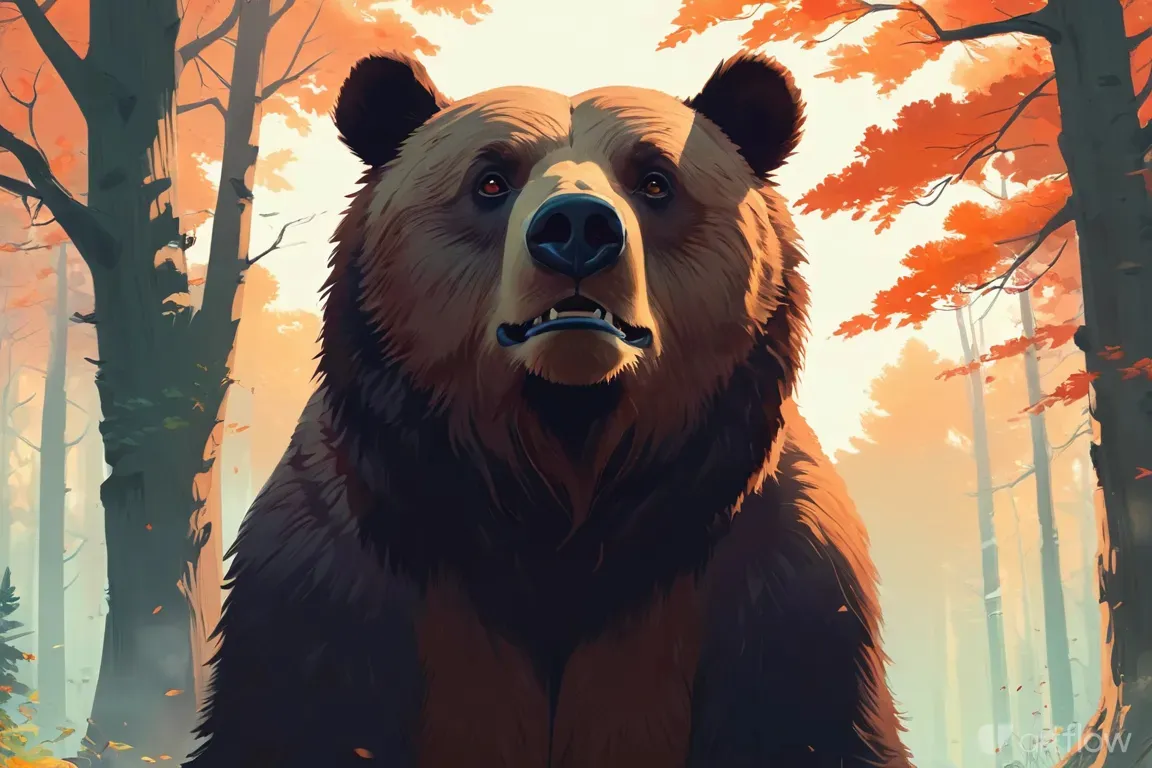 a painting of a brown bear in a forest