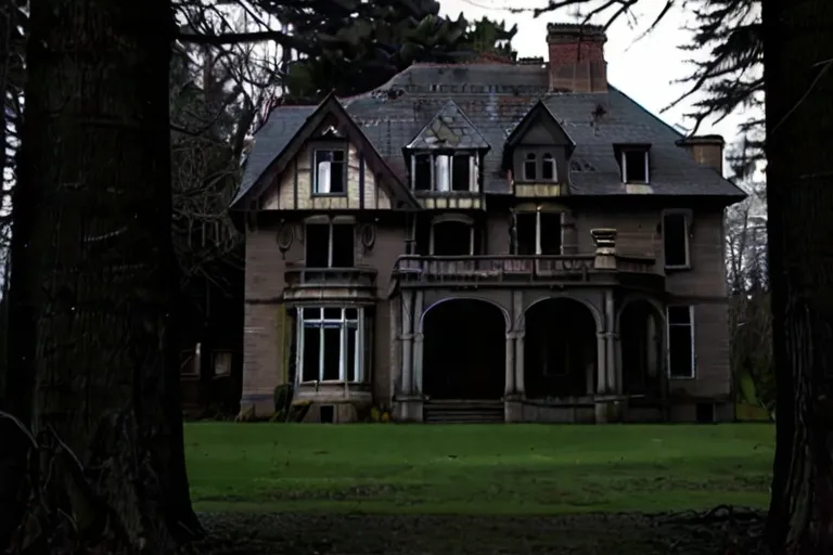 a creepy looking house in the middle of a forest