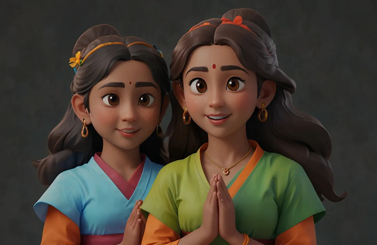 Pratyusha, Sadhika, and Bhargavi stand at the forefront of a gathering of beings from all walks of life, their hands clasped together in unity, their once-fiery gazes softened with compassion and understanding.