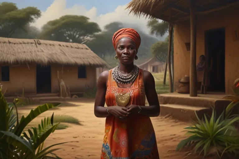 a woman in a colorful dress standing in front of a hut