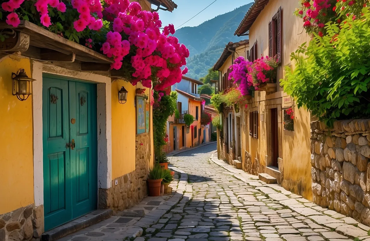 a cobblestone street with pink flowers on it