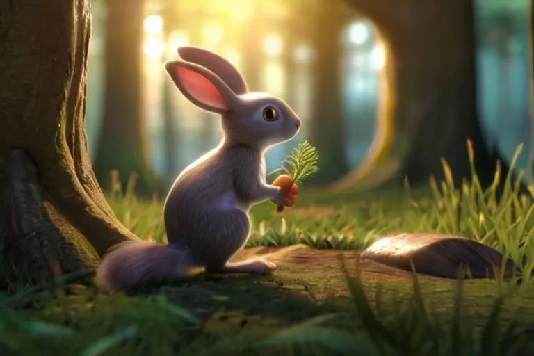 a rabbit holding a carrot in a forest