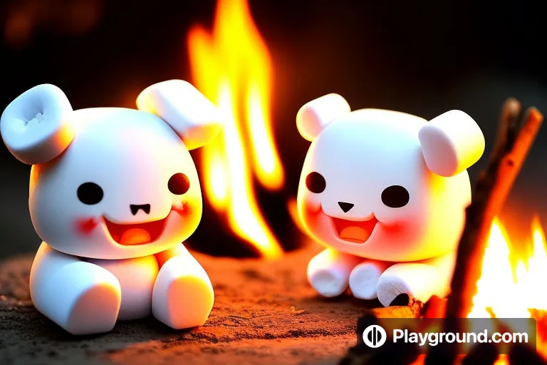 a couple of small white bears sitting next to a fire