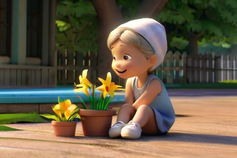 a little girl sitting on the ground next to a potted plant