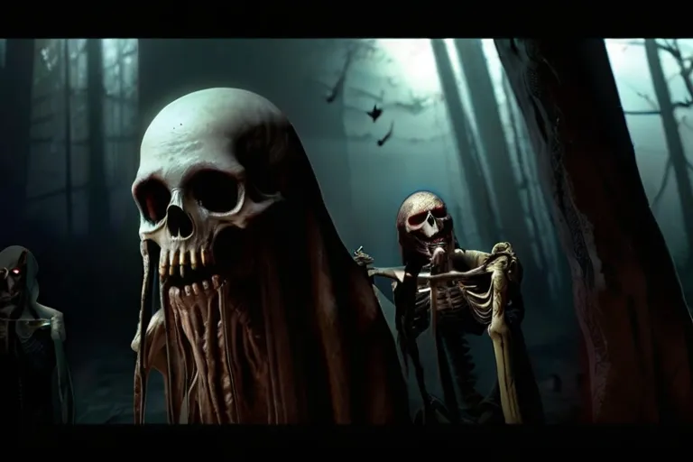 a couple of skeletons standing next to each other in a forest