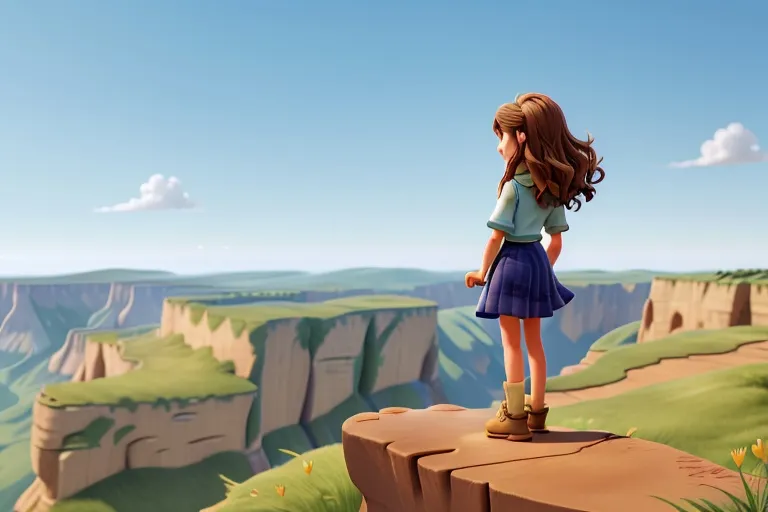 Lily stands at the edge of a cliff, her hair tousled by the breeze as she gazes out at the vast expanse of the countryside spread out before her, her spirit soaring with a sense of freedom and adventure.

