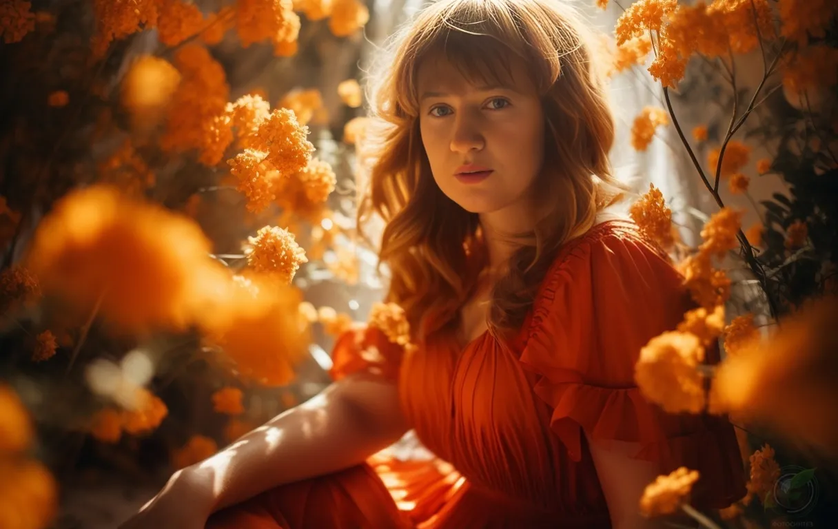 a woman in an orange dress sitting in a field of flowers