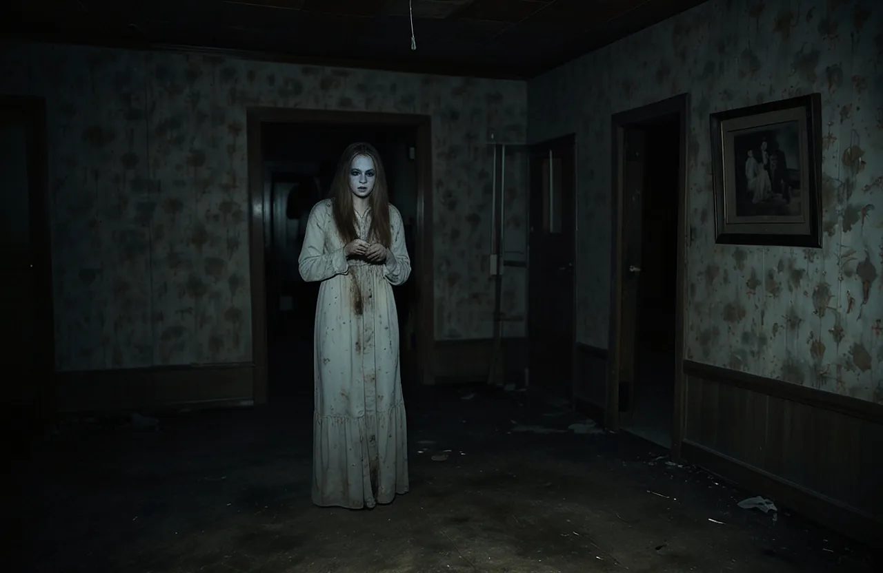 a woman in a white dress standing in a dark room