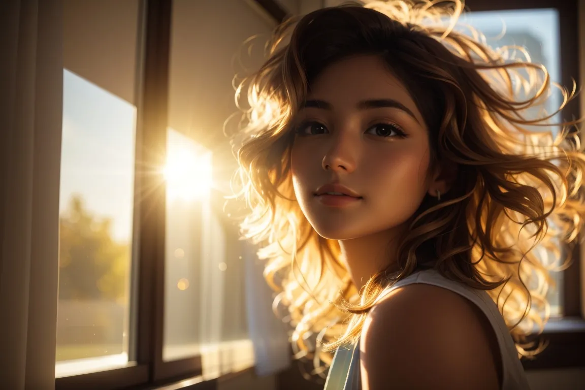 a young woman looking out a window at the sun