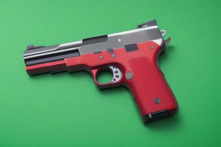 a red and black gun on a green background