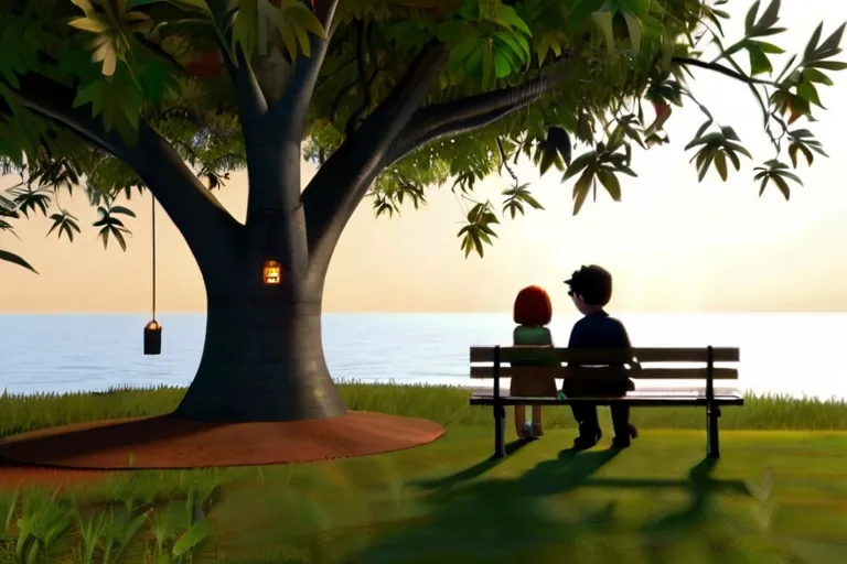 two people sitting on a bench under a tree